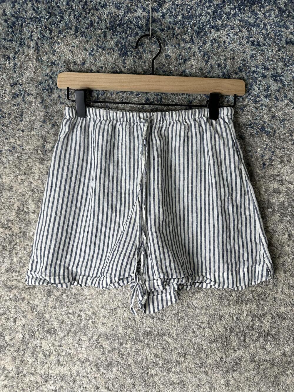 & Other Stories Shorts Womens 0 Blue Stripe Linen Elastic Waist Summer Casual